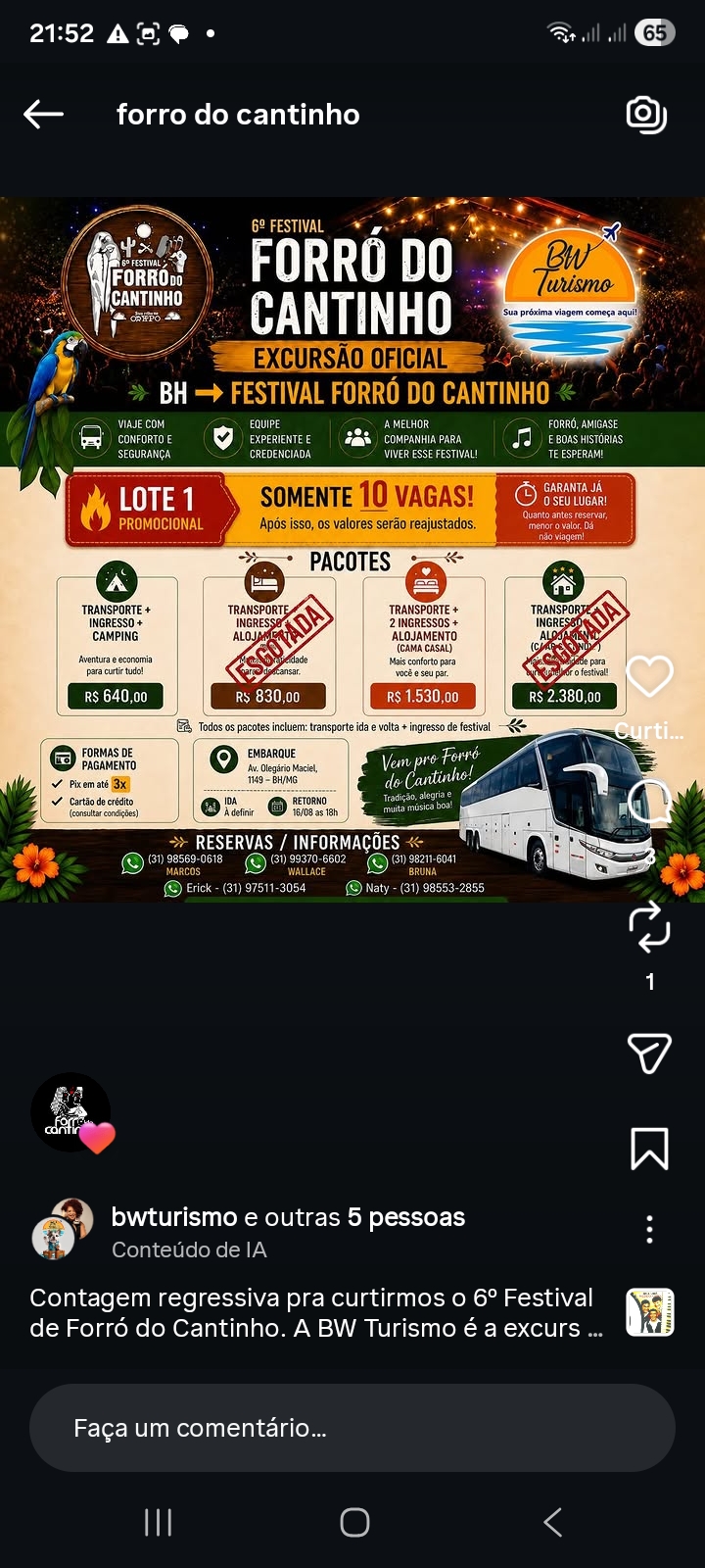 Cartaz promocional do 6º Festival Forró do Cantinho com excursão oficial e ônibus branco.